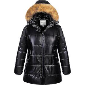 Women's Shiny Black Long Puffer Hood Jacket Coat Waterproof Winter Removable Fur